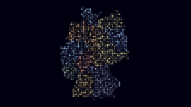 Germany map animation. Shape of the country with pulsating colored dots. Small size circle blocks. Digital style Germany map on dark background. Trending video.
