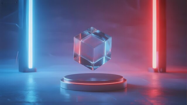 A glowing cube hovers above a pedestal in a neon-lit room with blue and red lighting.
