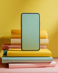 A modern smartphone rests atop a colorful stack of books, symbolizing digital and literary integration. The composition showcases a sleek, contemporary phone design with a minimalist aesthetic. 