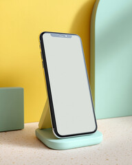 A minimalist phone stands with a blank screen in a colorful and inviting studio, with soft and warm lighting that evokes feelings of modernity and freshness.