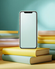 A vibrant smartphone mockup takes center stage, resting atop a colorful stack of books, bathed in soft light and cast shadows that hint at a connection between technology and literature.