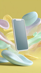 A sleek smartphone takes center stage amidst an array of pastel-colored fluid shapes, a visually stunning, minimalist design showcasing cutting-edge technology and artistic flair.