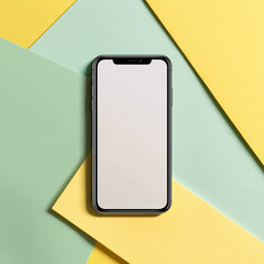 A stylish smartphone, with its screen a blank canvas of potential, lies on a captivating geometric backdrop of pastel colors.