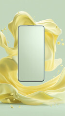 A sleek smartphone takes center stage amidst a vibrant, flowing stream of liquid, creating a dynamic and visually striking composition. 