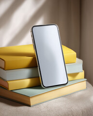 A sleek smartphone, its screen a blank canvas, rests atop a stack of books.