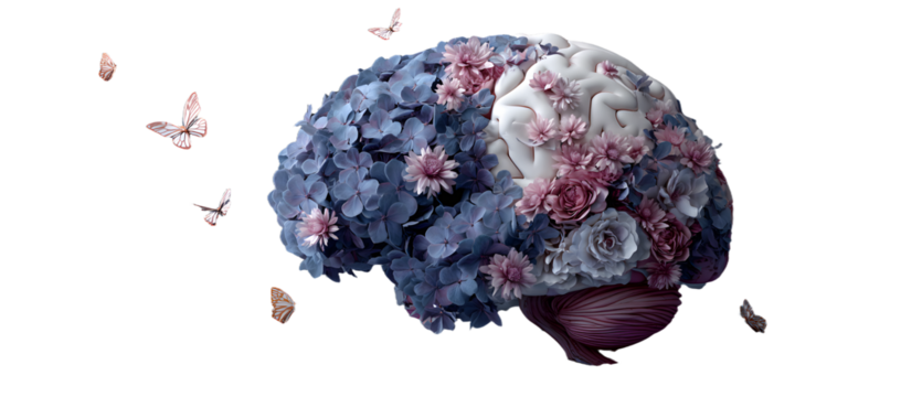 Human brain with flowers and butterflies, self care nd mental health concept, ositive thinking, creativemind,