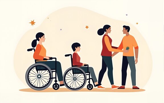 International day of persons with disabilities banner vector isolated. Handicapped people together. World day of disabled people. Lady in wheelchair, man with prosthetic arm and leg, blind woman.