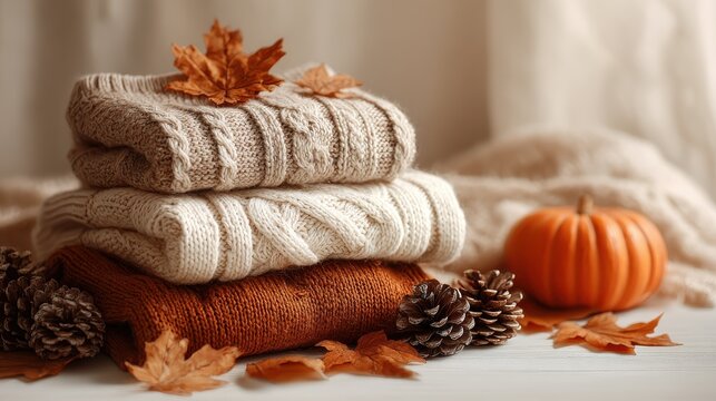 Warm autumn sweaters stacked with pumpkin, pine cones and dry leaves – cozy fall fashion, seasonal decor, natural textures, warm colors, lifestyle, cozy home setup, autumn vibes, knitwear essentials