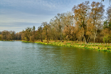 Late Autumn River Landscape with Bare Trees
