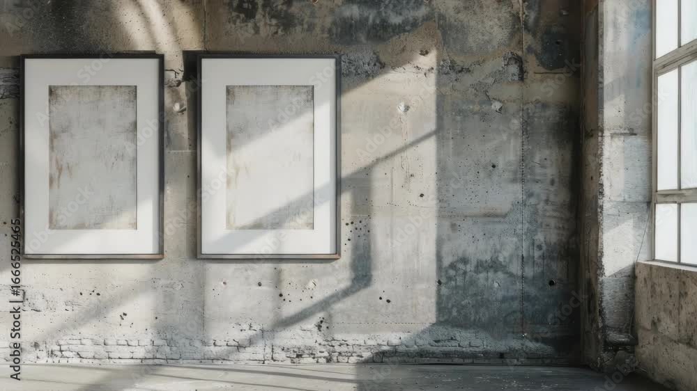 Poster empty space with paint peeling walls and large windows.
