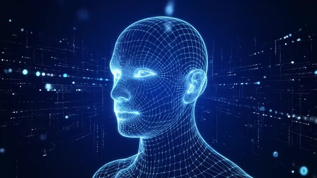 Digital Human Head Wireframe with Data Stream Background