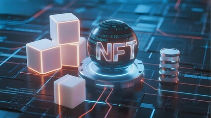 Digital NFT Sphere with Cubes and Circuitry on a Futuristic Platform