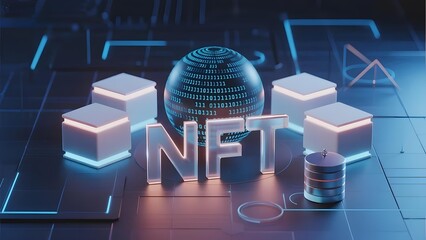 Digital NFT Representation with Cubes and a Binary Sphere on a Tech Grid