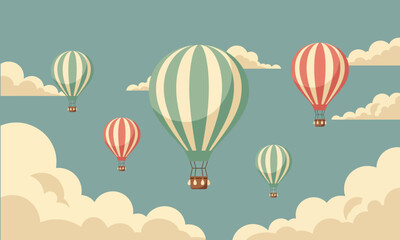 Obraz premium Vintage style illustration of striped hot air balloons floating in a cloudy sky. A retro vector design for travel, adventure, and freedom concepts.