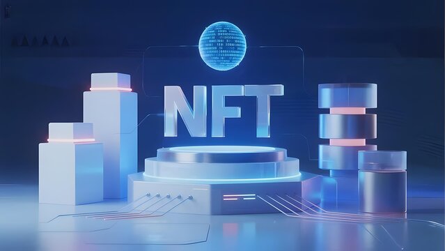 Futuristic NFT Display with Digital Elements and Blue Lighting