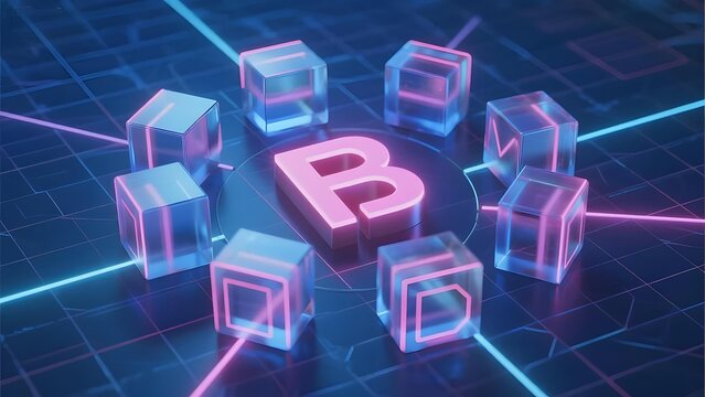Neon-lit letter 'B' surrounded by glowing cubes on a grid background