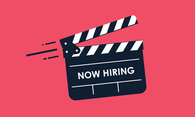 Vector illustration of a film clapperboard with "Now Hiring" written on it. A flat graphic design for recruitment, job searching, and casting concepts in the entertainment or media industries.

