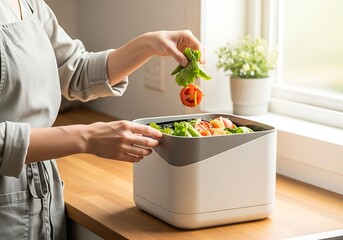 Close-up of hands disposing of organic food waste like vegetables into a sleek kitchen compost bin on a wooden counter, highlighting sustainable living and eco-conscious practices.
