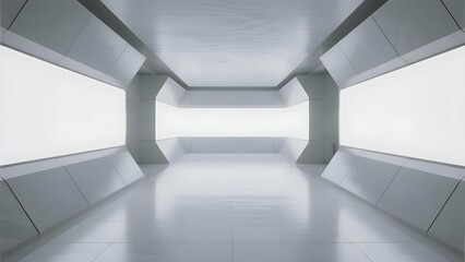 Fototapeta premium Modern minimalist interior with sleek white walls, floor, and ceiling, featuring large windows.