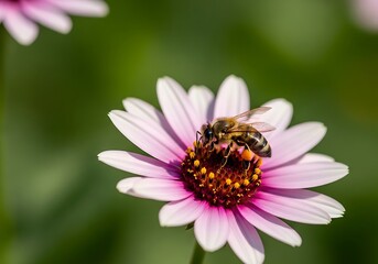 Obraz premium A honey bee diligently collects pollen from a vibrant pink and white daisy-like flower, showcasing nature's crucial pollination process against a soft green background.
