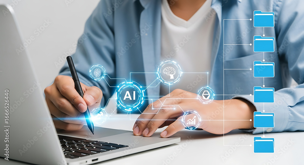 Poster person using laptop with ai interface and digital pen for data management and cloud computing concep