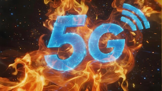 Fiery '5G' Text with Wireless Signal Icon, Symbolizing Advanced Technology and Speed