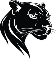 Leopard head silhouette in profile view with sharp eyes and sleek jawline, isolated on white background