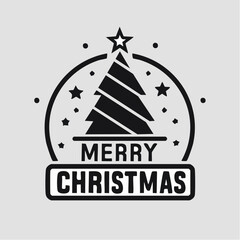 Nowoczesne logo &bdquo;Merry Christmas&rdquo; w minimalistycznym stylu, czarno-biała typografia, mała ikona choinki i gwiazdy, prosta kompozycja, flat vector.