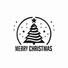Nowoczesne logo &bdquo;Merry Christmas&rdquo; w minimalistycznym stylu, czarno-biała typografia, mała ikona choinki i gwiazdy, prosta kompozycja, flat vector.