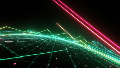 Dynamic digital data visualization with neon lines representing growth, interconnected networks, and technological advancement. Ideal for business or tech.