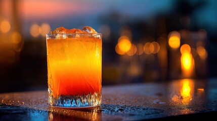 A delicious Sex on the Beach cocktail sits on a polished bar counter, showcasing vibrant colors. Soft lighting and blurred bar elements create a relaxed and inviting setting