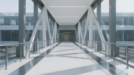 Modern glass and steel walkway with reflective floor and large windows