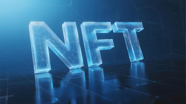 Illuminated 'NFT' letters in a futuristic, digital environment with blue lighting and reflective surface.