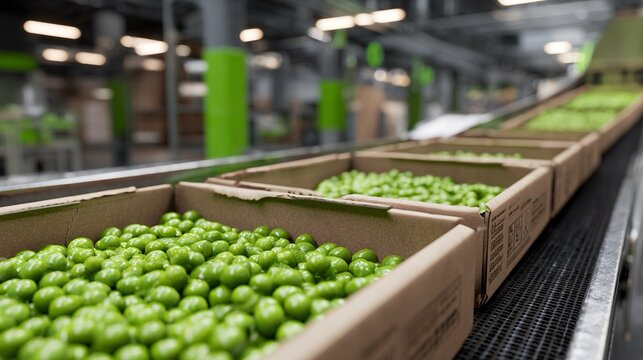 Scatole piene di piselli verdi sgusciati all'interno di un magazzino industriale.