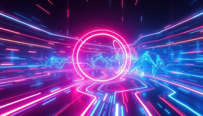 Dynamic neon-lit digital corridor featuring abstract geometric shapes and glowing lines. Represents fast data, cyberspace, technology, and virtual reality concepts for business or lifestyle.