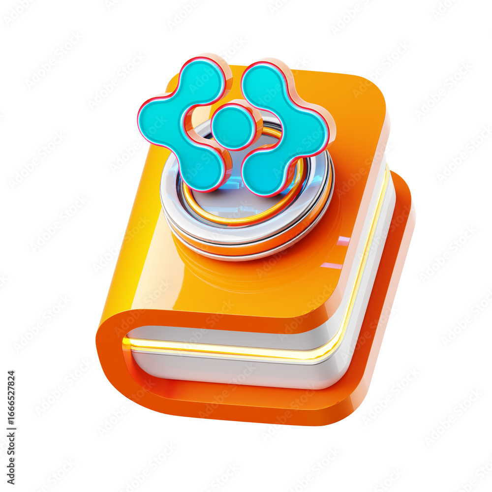 Poster stylized orange book or data storage device with a blue abstract interconnected symbol on top, repre