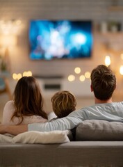Un gruppo familiare rilassato su un divano, intento a guardare la TV.