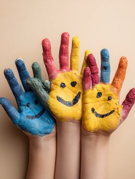 Tre mani sollevate in primo piano, dipinte con colori brillanti. Ogni mano ha una faccina sorridente disegnata sul palmo. L'immagine comunica un senso di creativit&agrave; e fantasia
