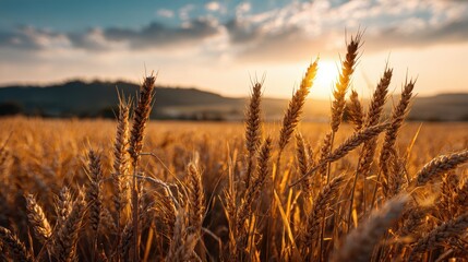 Naklejka premium Closeup of golden wheat in sunlight with hills in the background – concept of rural agriculture, eco-friendly grain farming, natural food sources and seasonal harvest at sunset