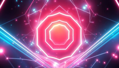 Abstract neon light tunnel with glowing geometric shapes in vibrant pink, blue, and red, creating a futuristic digital background for events, technology, or entertainment.
