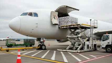 Cargo is being loaded onto a large white airplane at an airport tarmac using a scissor lift, with baggage carts and a truck nearby - Powered by Adobe