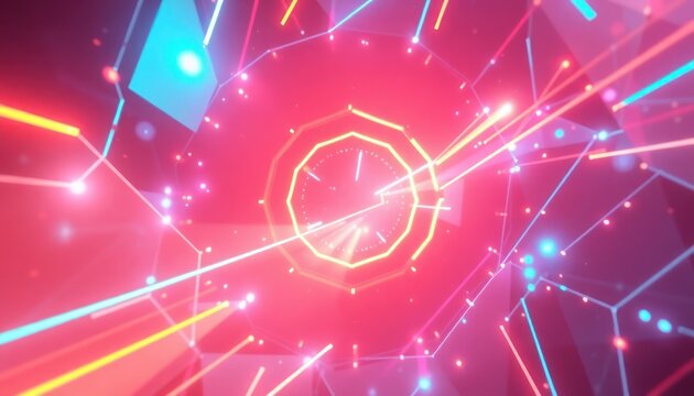Vibrant neon geometric network with glowing lines and polygonal shapes creating a futuristic data tunnel, perfect for technology, communication, and digital concepts.