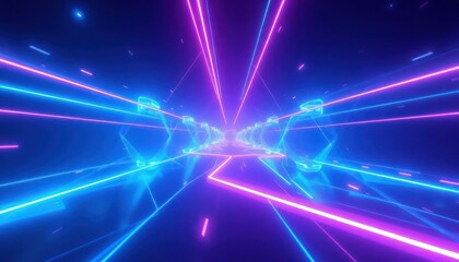 Vibrant neon lights illuminate a futuristic digital tunnel with glowing geometric patterns, evoking speed and technological advancement for cyberspace, gaming, or modern data concepts.