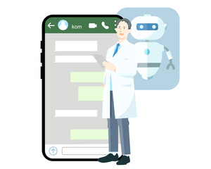 ネットでカウンセリングする医師ー全身ー医療相談ーオンラインドクターシンプルベクターイラスト素材