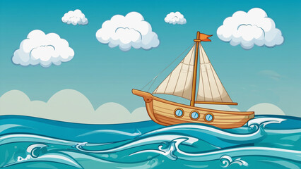 Cartoon Sailboat on Wavy Blue Water with Clouds, Nautical Illustration