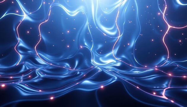 Dynamic abstract blue surface with glowing pink lines and particles, representing data flow, neural networks, or advanced technology. Ideal for modern science, AI, and business.