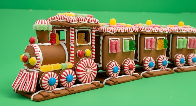 Gingerbread Train with Candy on Green Background
