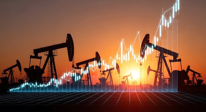 Silhouetted oil pumps at sunset, overlaid with dynamic stock market charts reflecting fluctuating oil prices and industry trends. - Powered by Adobe