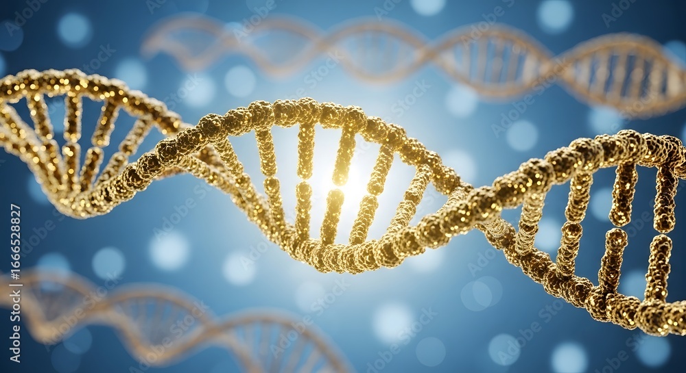 Poster unlocking lifes secrets a close-up view of a golden dna double helix, illuminated against a soft blu