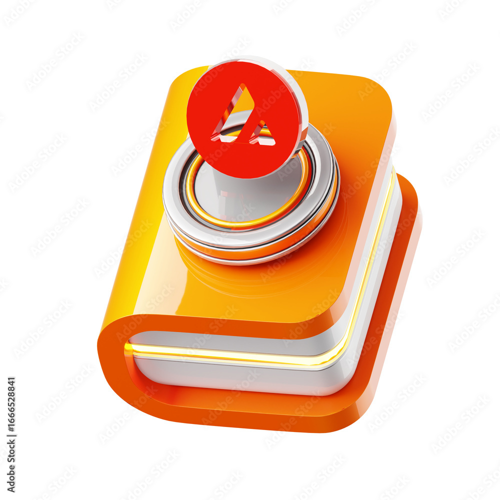 Poster an orange book with a silver and red circular icon featuring a stylized 'a' on its cover, representi
